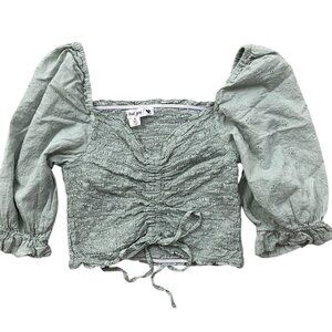 Who's That Girl Y2K Crop Smock Top Women Small Sage Green Puffy Sleeve Milkmaid